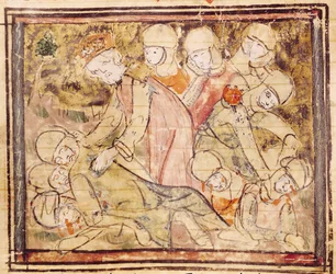 Fol.136v Hur Karl den Store (742-814) hittade Roland död, från Grandes Chroniques de France, 1375-79