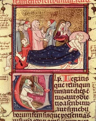 Fol.195v En döende man dikterar hans testamente, från Justiniani i Fortiatum