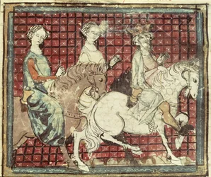 Fol.31r Chilperic I (543-97) och Fredegonde till häst, från Grandes Chroniques de France, 1375-79