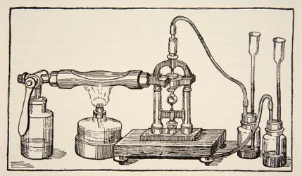 Foucaults roterande spegel för mätning av ljusets hastighet, kopia av Boris Meshchersky (d.1957) illustration från Histoire de la Nation Francaise, Sciences, Volym I & II, av Gabriel Hanotau