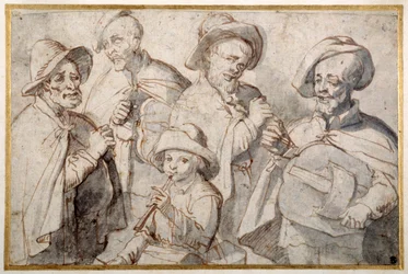 Fyra spelare och en pojke med pipa, School of Lorraine (penna och bläck med tvätt på papper)