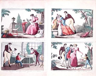Fyra scener som skildrar föräldrarnas ansvar, början av 1800-talet (kolorerat gravyr)