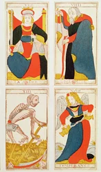 Fyra tarotkort föreställande Rättvisan, Måttfullheten, Döden och Eremiten