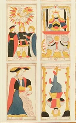 Fyra tarotkort föreställande De älskande, Vagnen, Styrkan och Den hängde