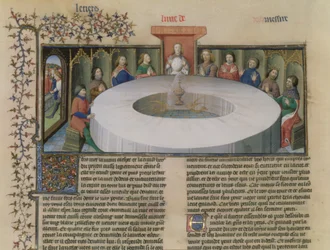 Fr.120 f.524v Riddarna av det runda bordet från The Story of Lancelot, från La Quite de Saint Graal