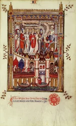 Fr 2092 f.1 Det första förhöret av St. Denis och hans följeslagare av Sisinnius, från Vie de St. Denis, 1317