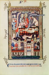 Fr 2092 f.22v St. Denis torteras på hyllan, från Vie de St. Denis, 1317