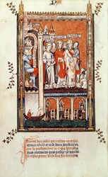 Fr 2092 f.37v Sisinnius visar kropparna av andra martyrer för St. Denis och hans följeslagare, från Vie de St. Denis, 1317