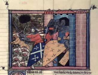 Fr 22495 fol.115r Beridna korsfarare som kämpar mot saracenerna ca 1185, från Le Roman de Godefroi de Bouillon