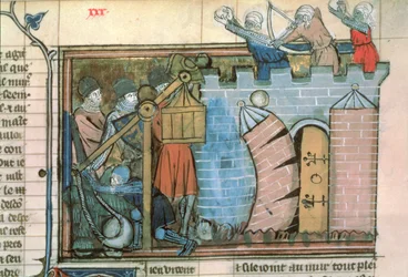 Fr 22495 fol.30 En attack mot en stad under korstågen, från Le Roman de Godefroi de Bouillon