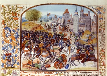Fr 2643 f.97v Slaget vid Nevilles Cross från hundraåriga kriget 1346, från Froissarts Chronicle