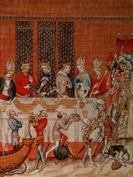 Fr 2813 f.473 Bankettscen, från Grandes Chroniques de France, 1375-79