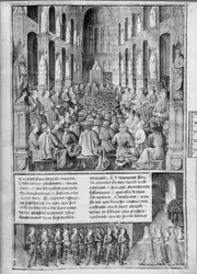 Fr 5594 fol.19 Hur påven Urban II (1042-99) predikade återerövringen av Heliga gravskyrkan vid konciliet i Clermont-Ferrand, illustration från Les Passages dOutre-Mer av Sebastien Mamerot de So