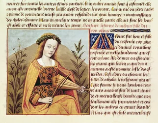 Fr 599 f.19 Kvinna spelar en fiol, från `Des Cleres et Nobles Femmes