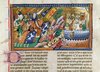 Fr 9084 f.53 En engelsk armé som anfaller ett slott, ur "Chronique de Guillaume de Tyr" (pergament)