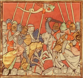 Fr 95 fol.173v Slaget vid Bedigran, från The Story of Merlin, c.1280-90