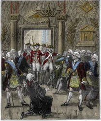 Frimureri på Hôtel de Soissons i Paris i juni 1745: Frimurarceremoni avbruten av en poliskommissaries ankomst. Gravyr i ”Paris à travers les siècles”, Gourdon de Kenouillac, 1880.
