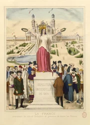 Frankrike kröner konsten och industrin med lagerkransar vid Exposition Universelle 1878 i Paris