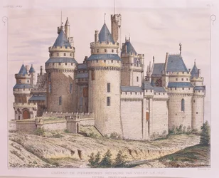 Frankrike, Pierrefonds medeltida slott, restaurerat av Violet le Duc från Moniteur des Architectes, gravyr