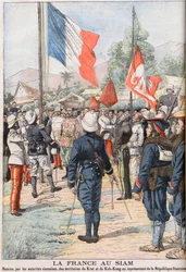 Frankrike tar över territorierna Krat och Koh-Kong, Siam efter fördraget från 1904 som överenskommits mellan siameserna och fransmännen, illustration från 