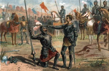 Frans I av Frankrike begär att bli adlad av Chevalier Bayard efter seger i slaget vid Marignano, Italien