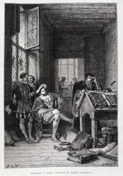 Francois 1:a i Robert Estiennes ateljé - gravyr
