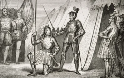 Francois I (1494-1547) adlad av kapten Bayard efter slaget vid Marignano, från 
