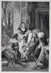 Francois de la Rochefoucauld (1613-1680) pratar med Mademoiselle de Sevigne (Marie de Rabutin-Chantal), Marquise de Sevigne dit Madame de Sevigne (1626-1696) och Marie-Madeleine (Marie Madeleine) Pioche de La Vergne, grevinna av La Vergne (Madam av F