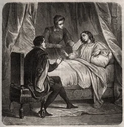 Francoise de Foix, grevinna av Chateaubriant (ca 1495-1537), sjuk, tar emot Clement des Marets dit Marot (1496-1544), betjänten av Francois 1:a, i sängen. Gravyr från 1871 i "Histoire Des Cocus Celebres"" av Henry de Kock (1819-1892).