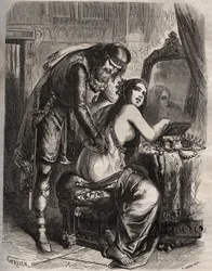 Fredegonde (545-597) tar sin man, franckungen Chilperic I (543-597), för sin älskare, Landeric. Kungen upptäcker när hans fru är otrogen mot honom. Gravyr från 1871 i "Histoire Des Cocuses Celebres"" av Henry de Kock (1819-1892).