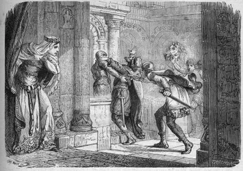 Fredegonde (ca 545-597), drottning av Neustrien, lät mörda Chilperik I (539-584) år 584. Gravyr i „Prostitutionens och utsvävningens historia hos alla världens folk från antiken till nutid” av dr Th.-F. Debray. 1879.