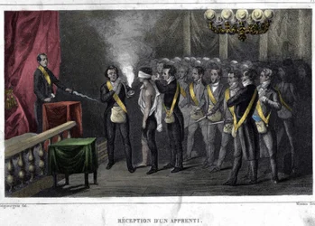 Frimureri: invigning och mottagande av en lärling. Gravyr ur „Pittoresk historia om frimureriet och antika och moderna hemliga sällskap“ av F.-T. B. Clavel. Pagnerre, förläggare. 1843.