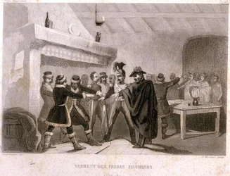 Frimureri: skördarbrödernas ed i Potok år 1821. Gravyr ur “Pittoresk historia om frimureriet och antika och moderna hemliga sällskap” av F.-T. B. Clavel. Pagnerre, förläggare. 1843.