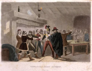 Frimureri: skördebrödernas ed i Potok år 1821. Gravyr ur ”Histoire pittoresque de la Franc-Maçonnerie et des Sociétés secrètes, anciennes et modernes” av F.-T. B. Clavel. Pagnerre, förläggare. 1843.