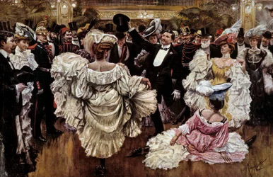 Franska Cancan-dansare under en föreställning på en kabaré, början av 1900-talet (tryck)