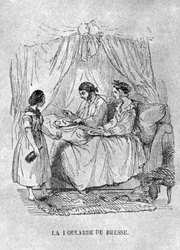 Fransk illustration av en person som är sängliggande med gikt. 1848 (gravyr)