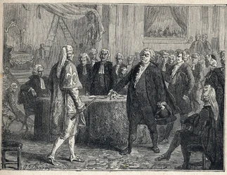 Franska revolutionen - Generalförsamling den 23/06/1789: Honore Gabriel (Honore-Gabriel) Riqueti, greve av Mirabeau (1749-1791) tilltalar Henri Evrard (Henri-Evrard), markis av Dreux Breze (Dreux-Breze) (1762- 1829). Gravyr från 1889. Privat samling.