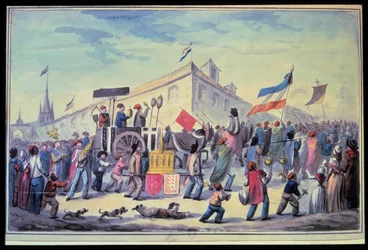 Franska revolutionen: "" En anti-religiös maskerad i november 1793"" Anonym akvarell från 1793. Paris Library of the Arsenal