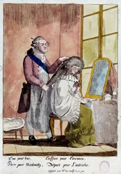 Franska revolutionen: Tecknad film om kungafamiljens flygresa till Varenne den 20 och 21/06/1791: Kung Ludvig XVI:s drottning Marie Antoinette skulle resa med det falska passet som guvernant för barnen till baronessan av Korff. Anonym färg