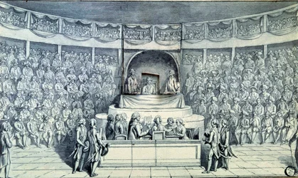 Franska revolutionen: Kung Ludvig XVI (1754-1793) vid rodret förhörs av Antoine Barnave (1761-1793) under rättegången inför nationalkonventet, som den 21/01/1793 kommer att besluta om hans dödsdom. Anonym teckning omkring 1793. Paris, Louvren