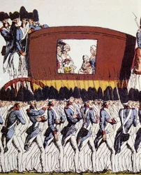 Franska revolutionen: Kungafamiljens återkomst till Paris den 25 juni 1791 efter arresteringen i Varennes den 20 och 21 juni 1791. Eau-forte coloriee anonym 1791 Sön. 23,2x34,6 Paris, Musee Carnavalet.