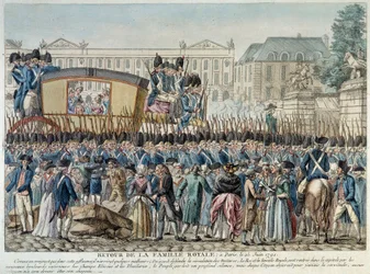 Franska revolutionen: "Kungafamiljens återkomst till Paris den 25/06/1791" Kortegen korsar Place de la Concorde. Gravyr från den franska skolan i slutet av 1700-talet. Paris Musée Carnavalet