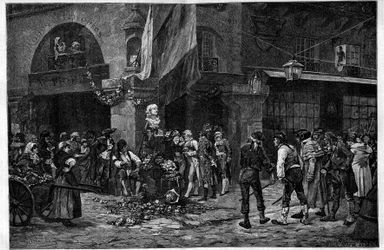 Franska revolutionen: "Bysten av Marat vid Halles pelare"". Som hyllning till Jean Paul Marat (1743-1793) placerades hans byst efter hans död i Halles de Paris. Gravyr efter en målning av Georges Jules Auguste Cain (1856-1919) i "" The Il