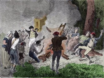 Franska revolutionen: "" Folket brände Claude Chappes telegraf, i parken Saint-Fargeau i Menilamount, i september 1792, och trodde att det var en anordning avsedd att kommunicera med kungafamiljen inlåst i templets fängelse"" "Gravering