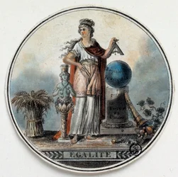 Franska revolutionen: allegori om Egalite som en kvinna som håller ett torg nära den franska republiken, ett horn av överflöd. Sent på 1700-talets Paris, B.N.