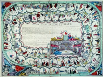 Franska revolutionen: gåsspel som visar revolutionens viktigaste skeden och en vy över Nationalförsamlingen. Slutet av 1700-talet. Paris, B.N.