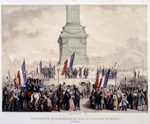 Franska revolutionen 1848: proklamation av den andra republiken vid foten av julipelaren på Place de la Bastille den 25/02/1848. Litografi från 1800-talet. Paris, Musee Carnavalet