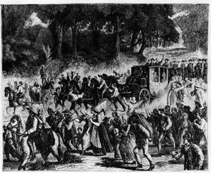 Franska revolutionen: ankomsten av kungafamiljen (Louis XVI och Marie Antoinette) i Paris, 5 oktober 1789 - gravyr.