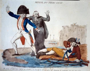 Franska revolutionen: tredje ståndets uppvaknande. Karikatyr om de tre stånden. Han befriade sig från sina kedjor under arméns och de kyrkligas förskräckta blickar. Franskt tryck från 1789. Paris, B.N.