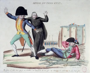 Franska revolutionen: tredje ståndets uppvaknande. Karikatyr över de tre stånden. Under arméns och prästerskapets förskräckta blickar befriade han sig från sina kedjor. Franskt tryck från 1789. Paris, Nationalbiblioteket.